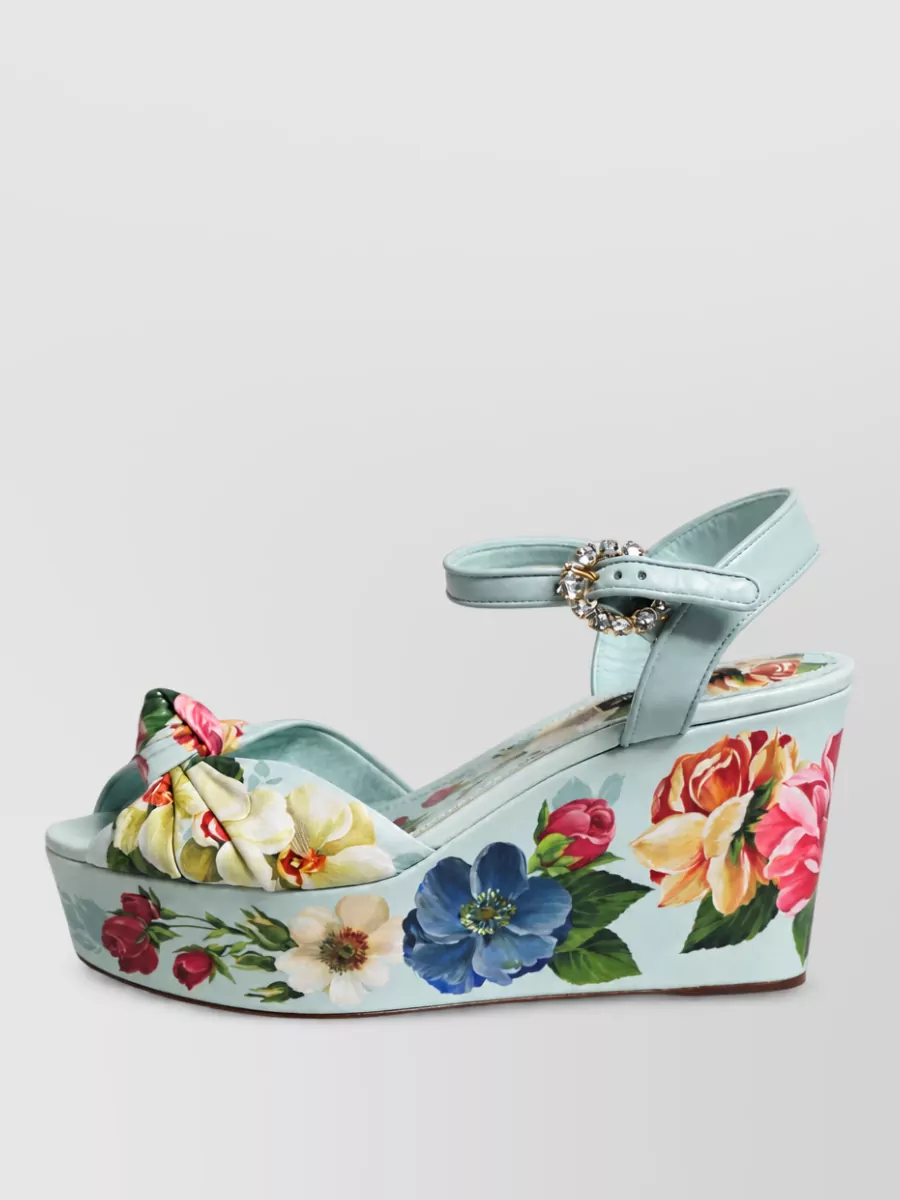 Dolce&Gabbana Leather Floral Ankle Strap Wedge Sandals