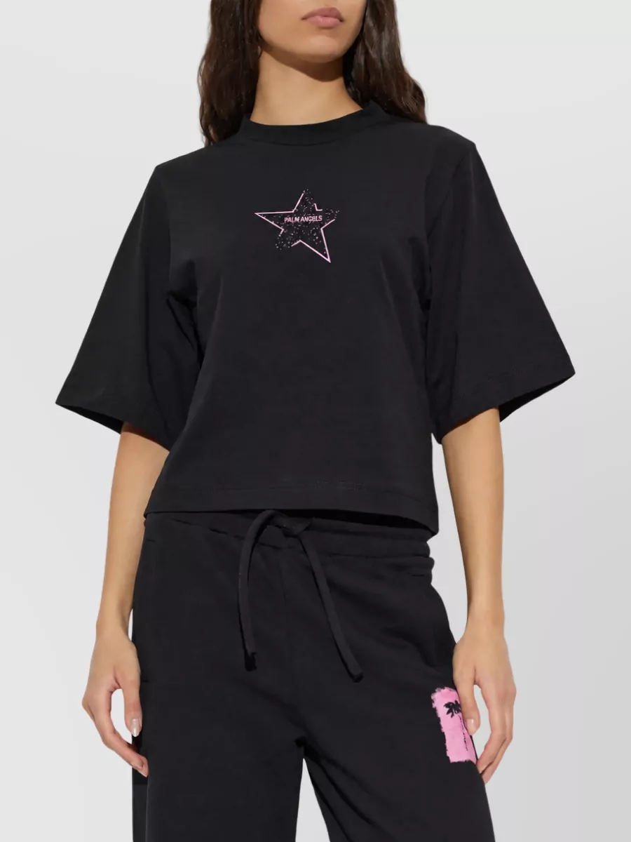 Palm Angels Cotton Star Print Cropped Mock Neck T Shirt