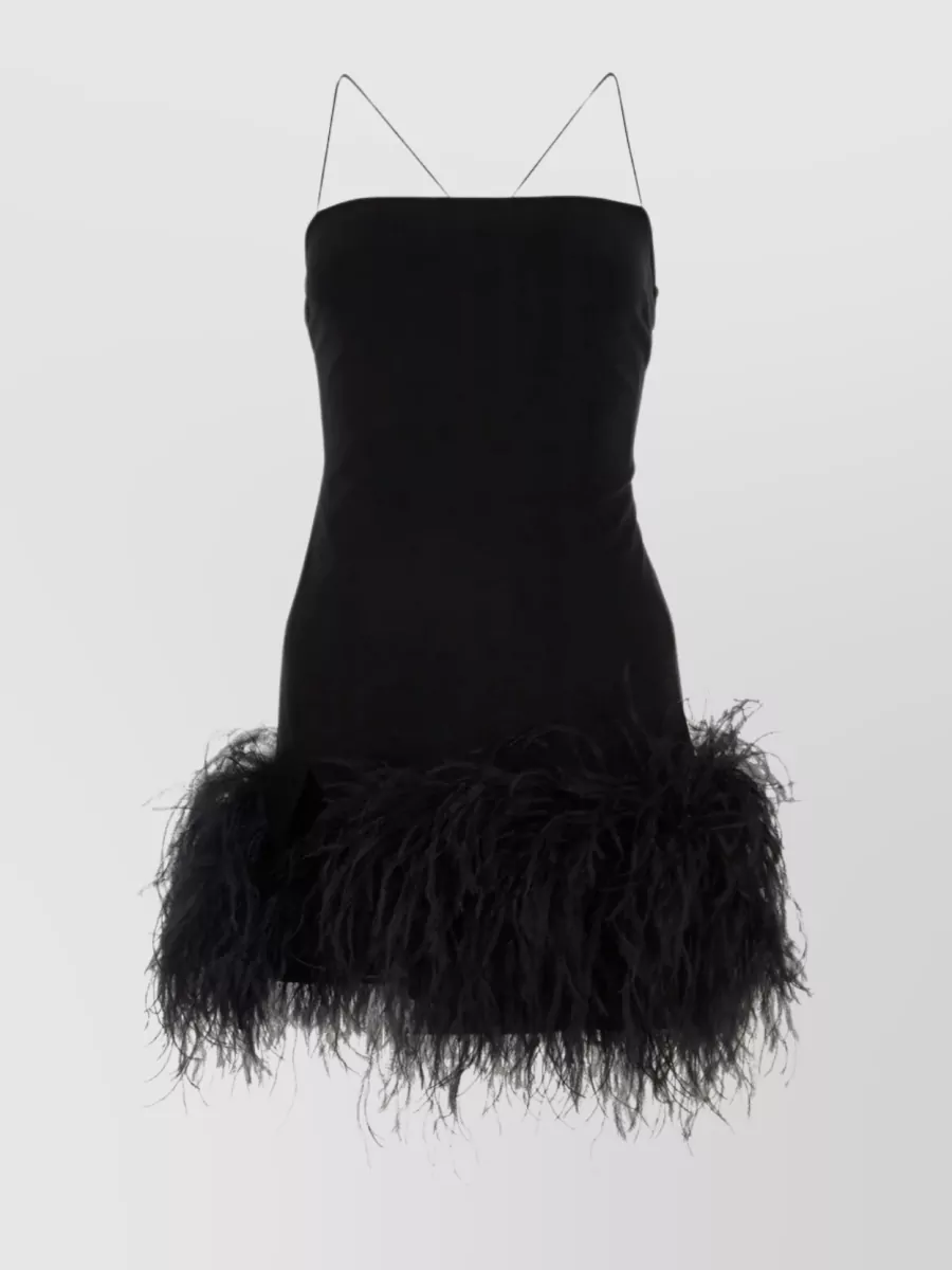 Shop Attico Mini Dress With Crossed Straps And Feather Trim In Black