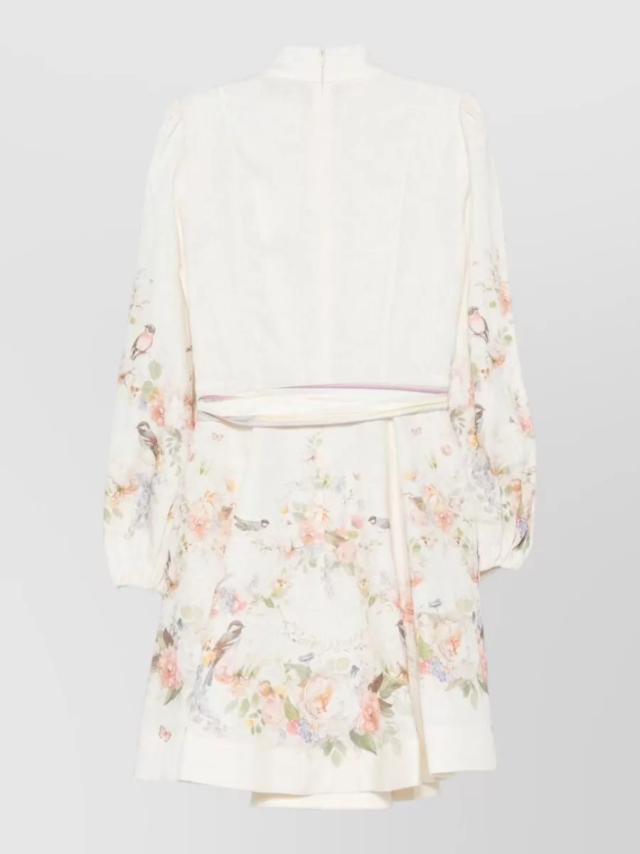 Zimmermann Linen Floral-Print High-Neck Long-Sleeve Mini Dress