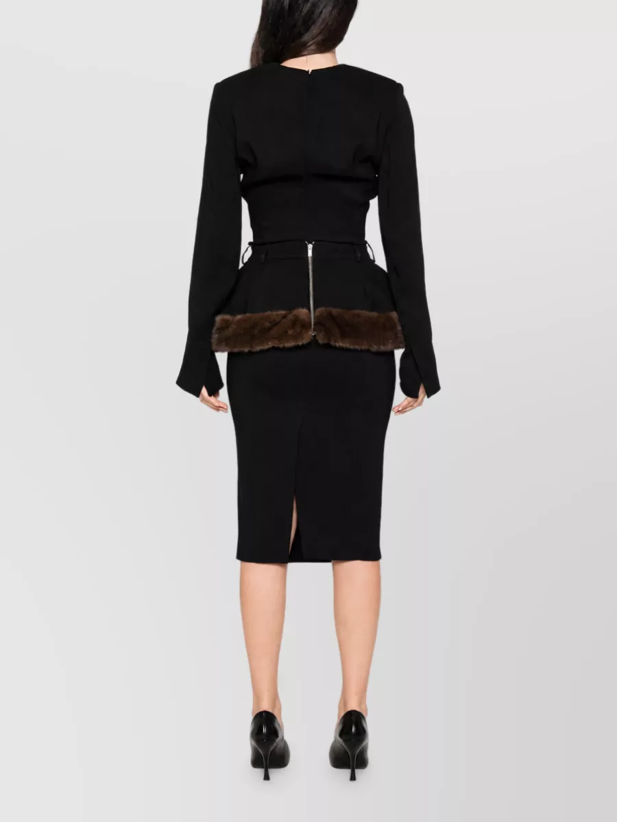 Stella Mccartney Viscose Belted Faux Fur Trim Peplum Midi Dress