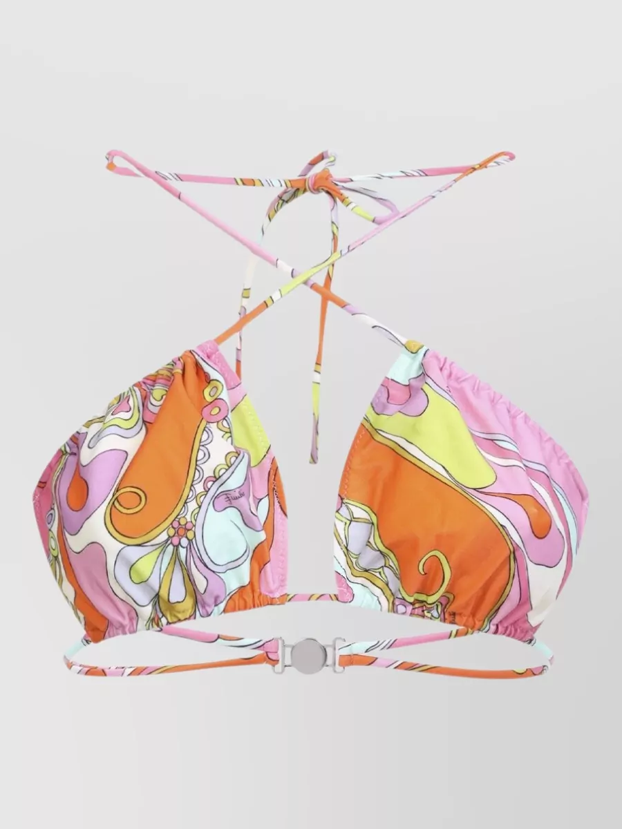 Pucci Orchidee printed triangle bikini top — The Pucci halter bralette mirrors the short’s sorbet print and palette, keeping the set ultra-resort, playful and true to the intended beach-club energy with a balanced amount of skin.