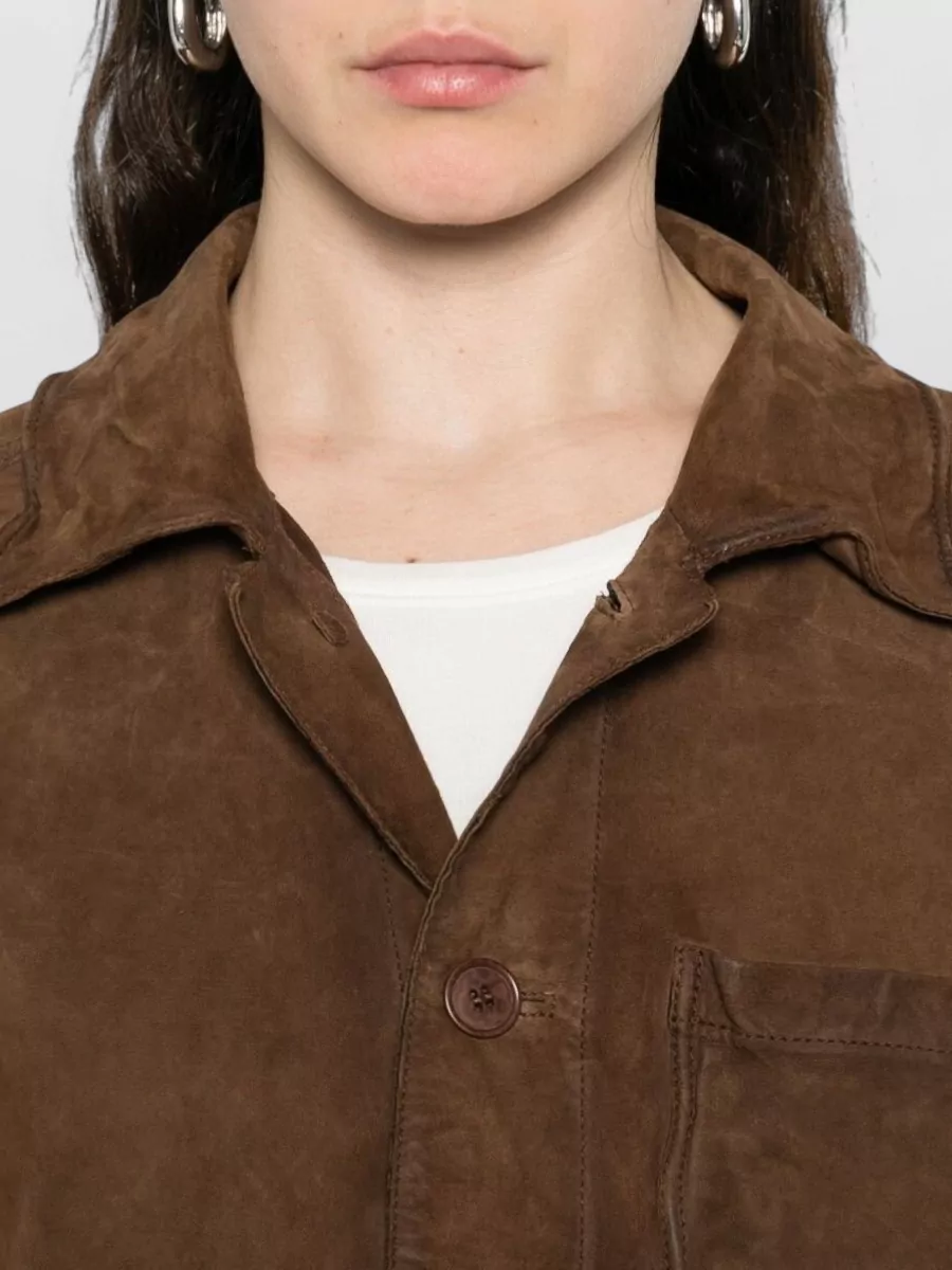 Parosh Suede Leather Jacket Long Sleeves Collar