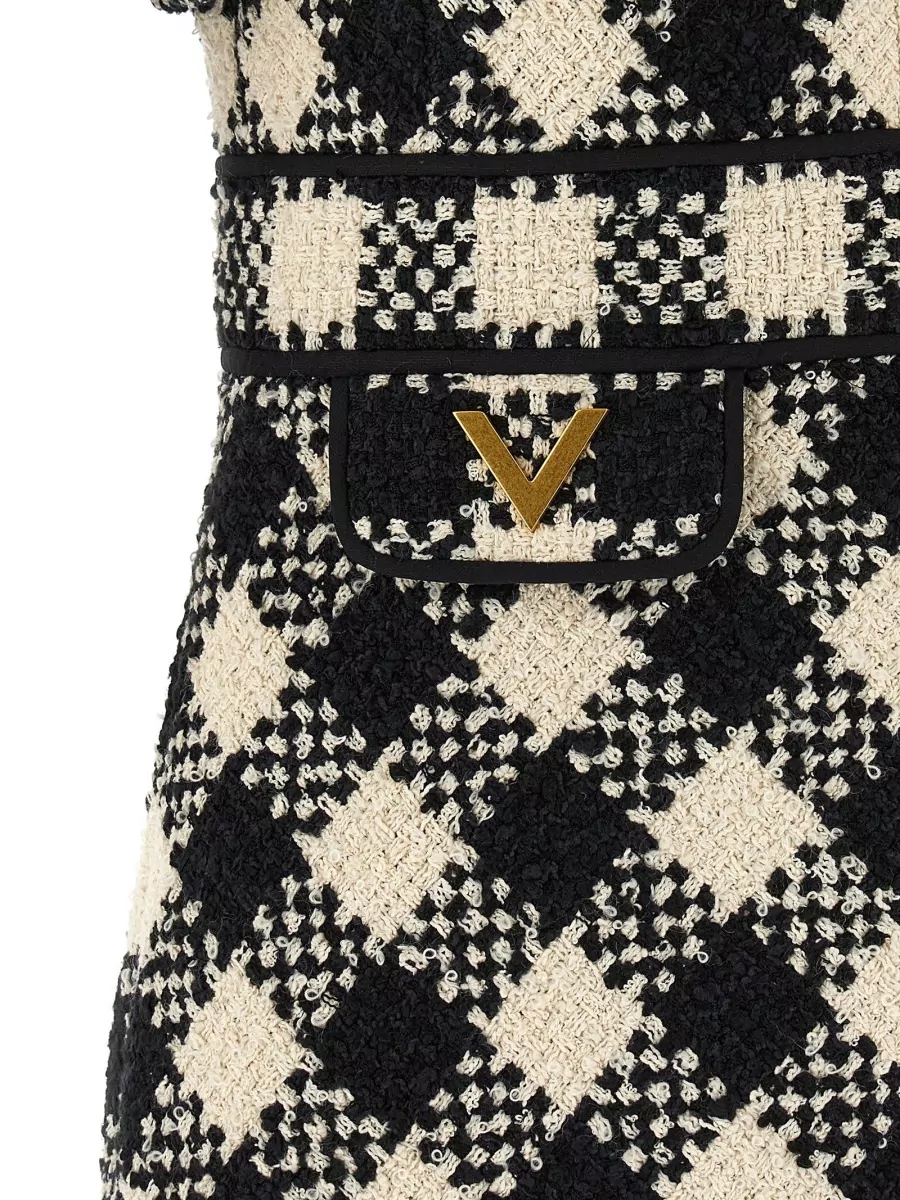Valentino Garavani Check Tweed Dress Short Sleeves V Neck