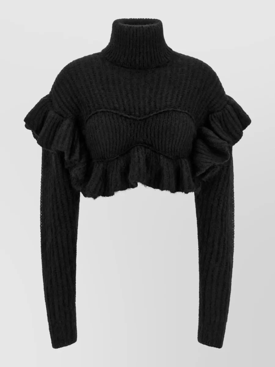 Elisabetta Franchi mohair ribbed ruffled high neck cropped sweater