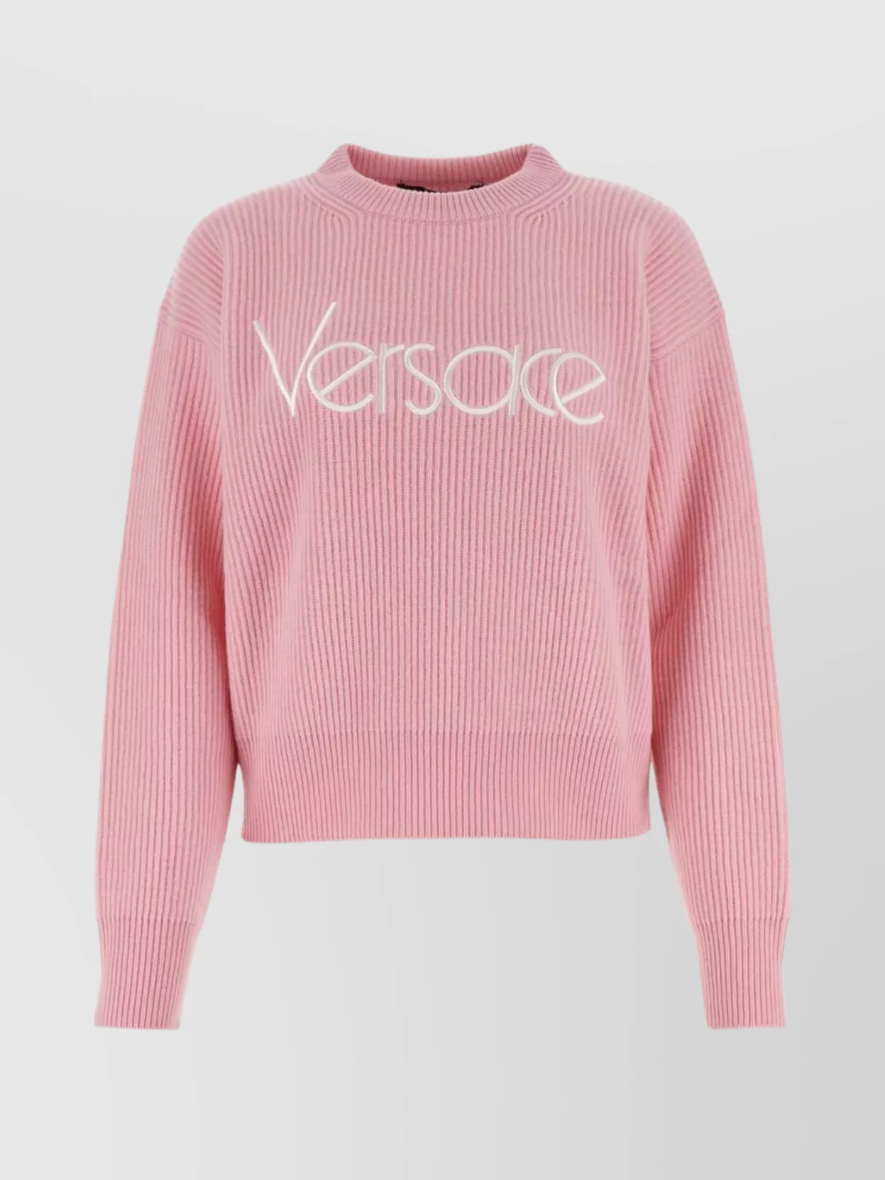 Shop Versace Textured Wool Cropped Sweater In Pink