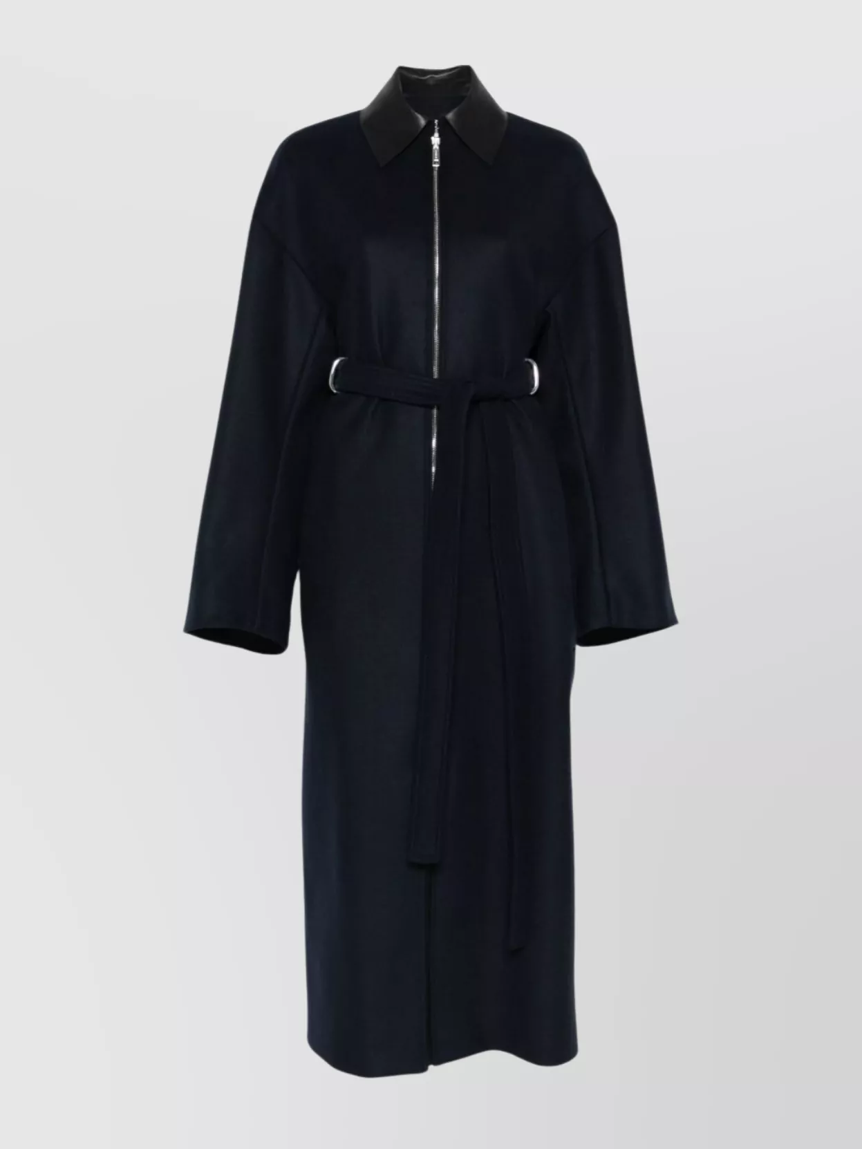 Sportmax Belted Long Coat Featuring Leather Collar In Black