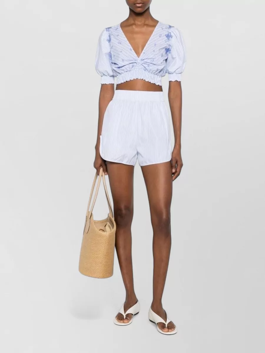 Ermanno Scervino Striped Floral-Embroidered V-Neck Puff-Sleeve Cropped Top