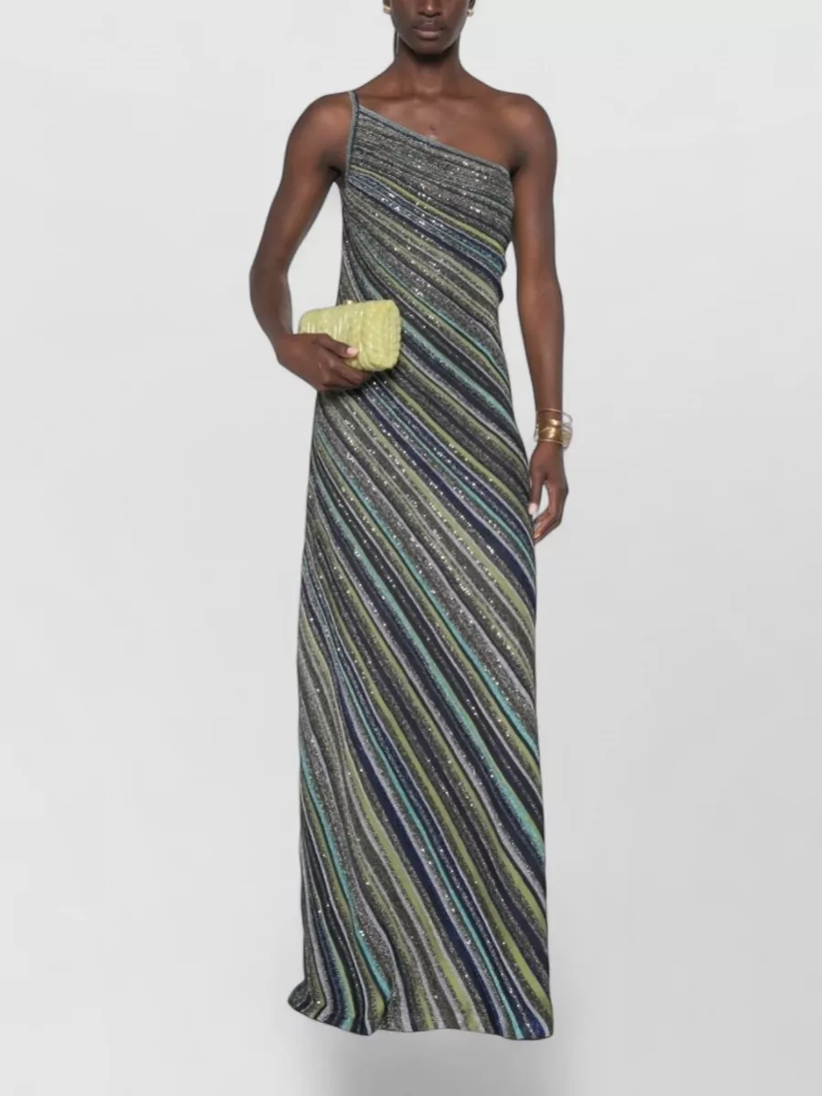 Missoni Sequined Striped One-Shoulder Sleeveless Maxi Dress