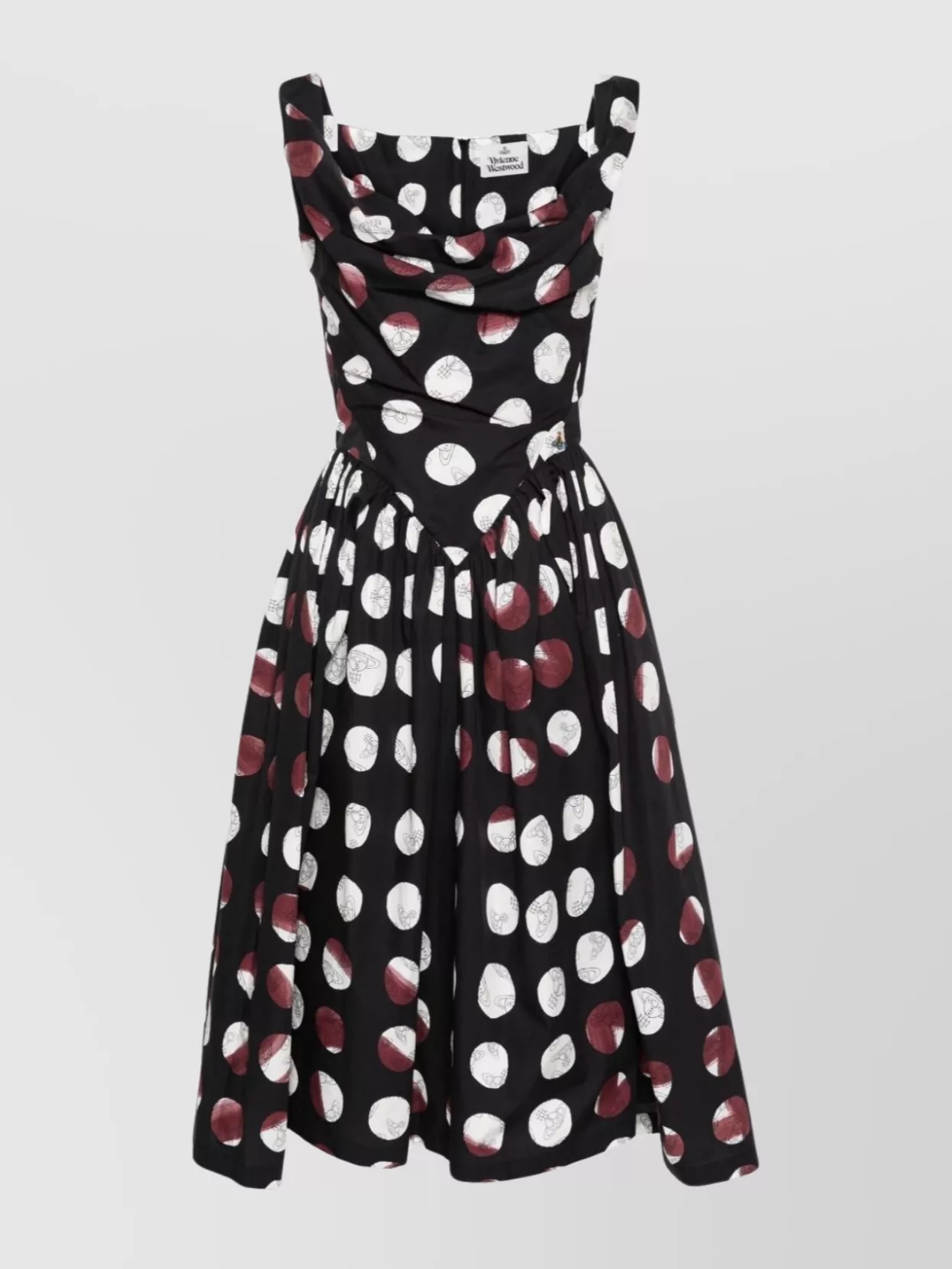 Shop Vivienne Westwood Midi Flare Dress With Draped Neckline And Polka Dot Print In Black