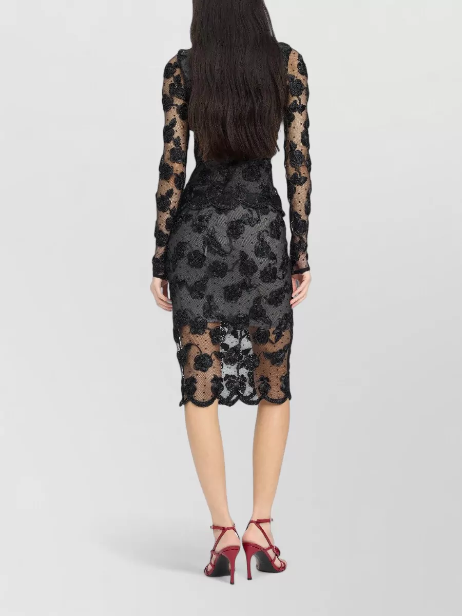 Rotate Floral-Appliqué Mesh Midi Skirt