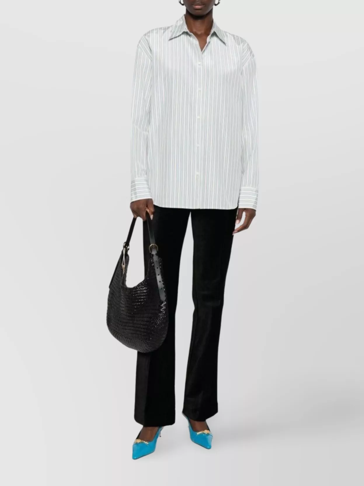 Forte Forte Striped Long Sleeve Top With Pointed Collar In Blue
