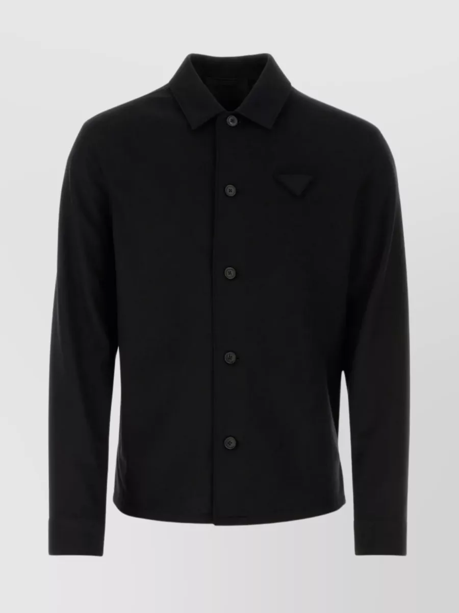 Shop Prada Wool Shirt With Hemline Slits And Pointed Collar In Black