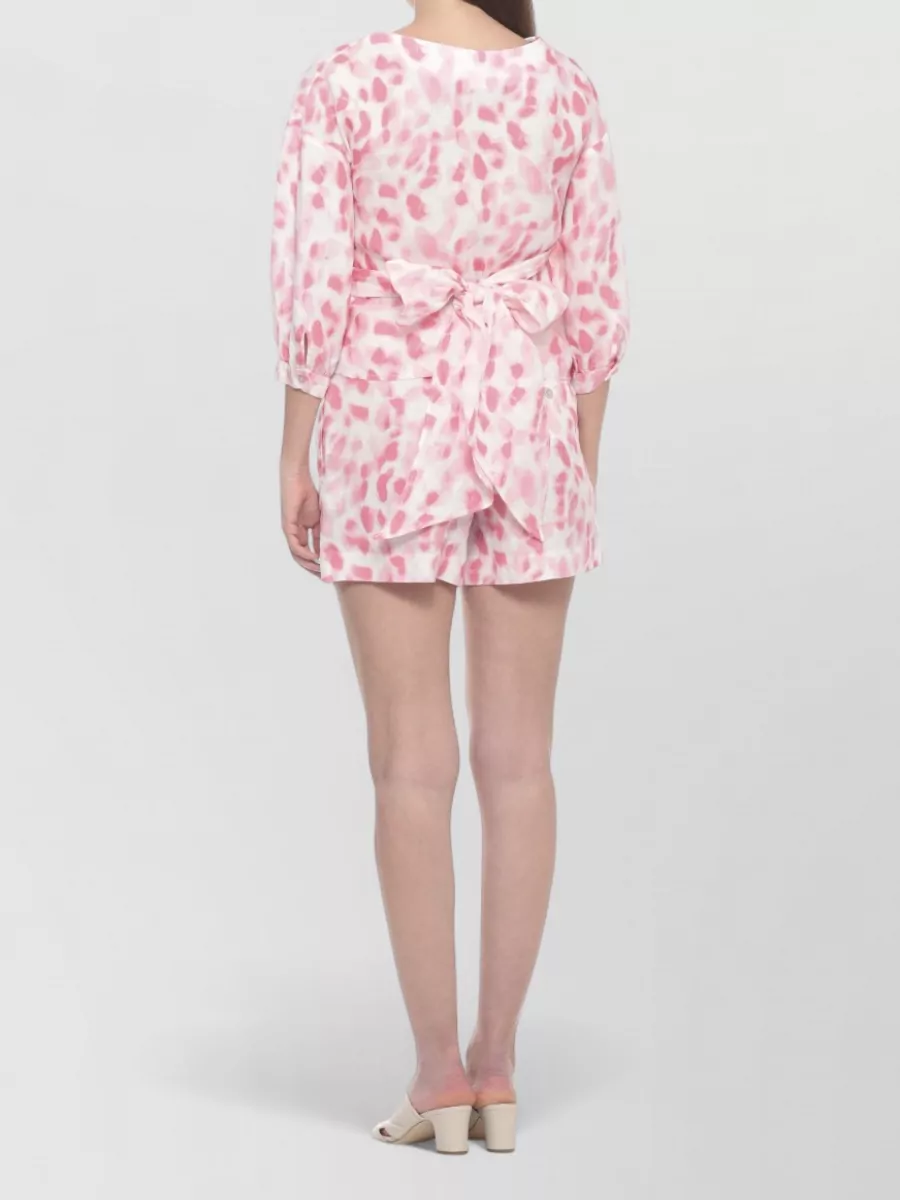 120% Lino Printed Linen V-Neck 3/4-Sleeve Blouse
