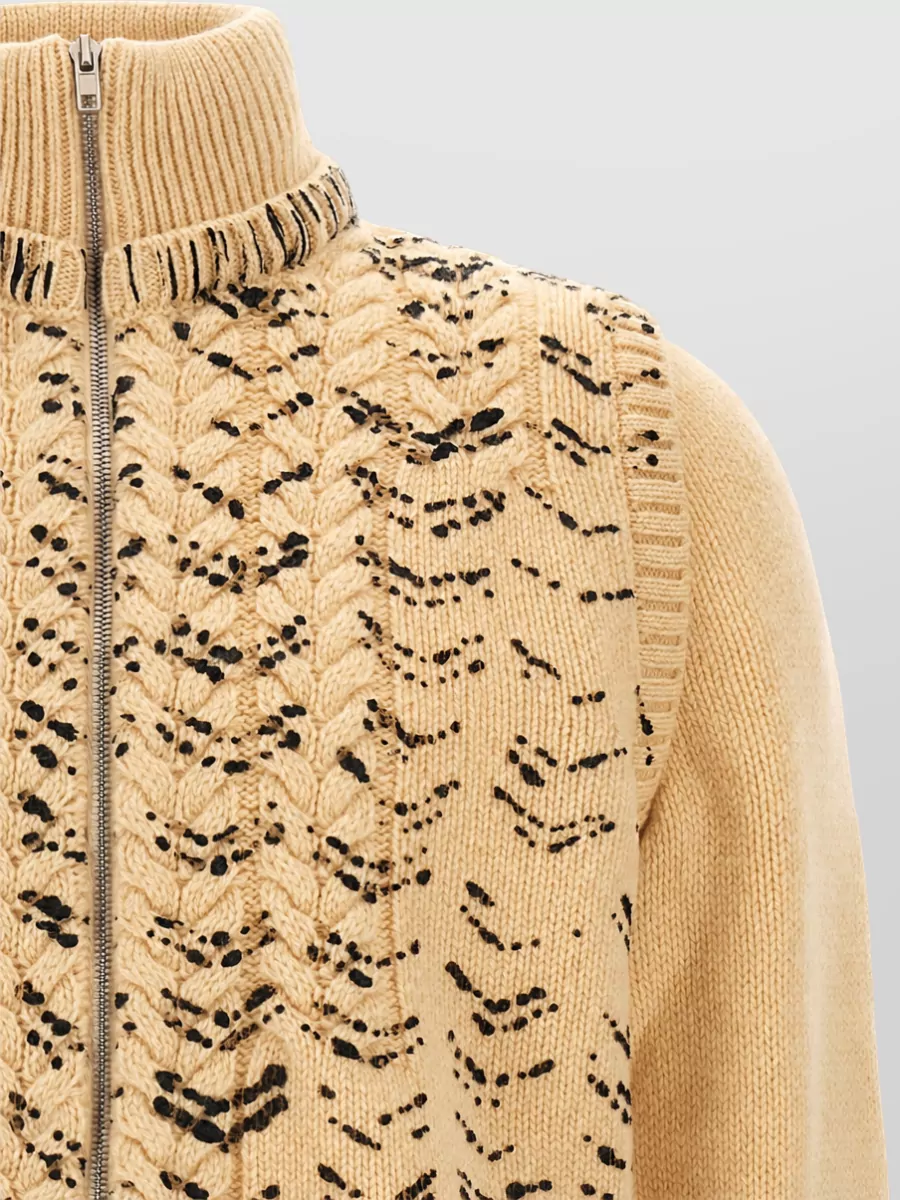 Maison Margiela Virgin Wool Ribbed High Neck Openwork Knit Zip Jacket