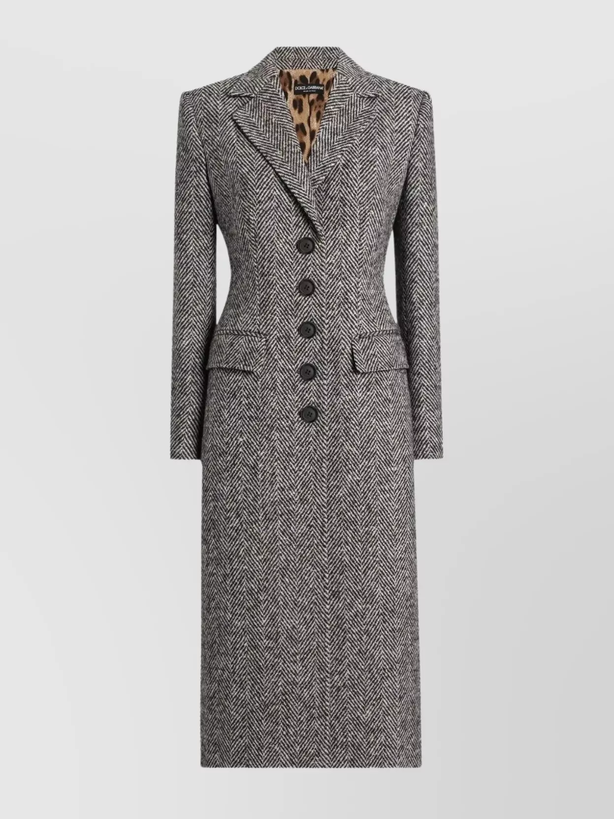 Dolce & Gabbana Herringbone Long Length Notched Lapels Coat In Gray