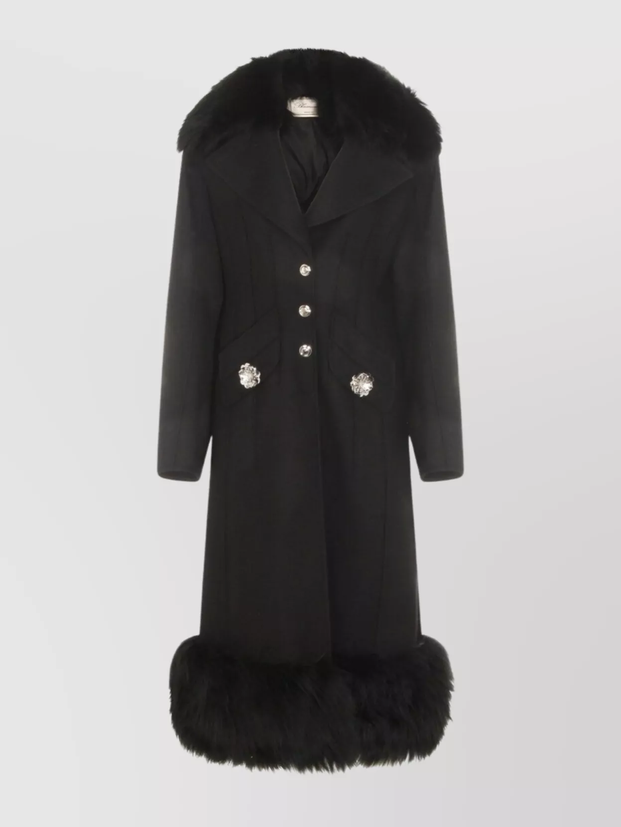 Blumarine Long Structured Coat With Floral Embellishments And Silver Buttons In Black