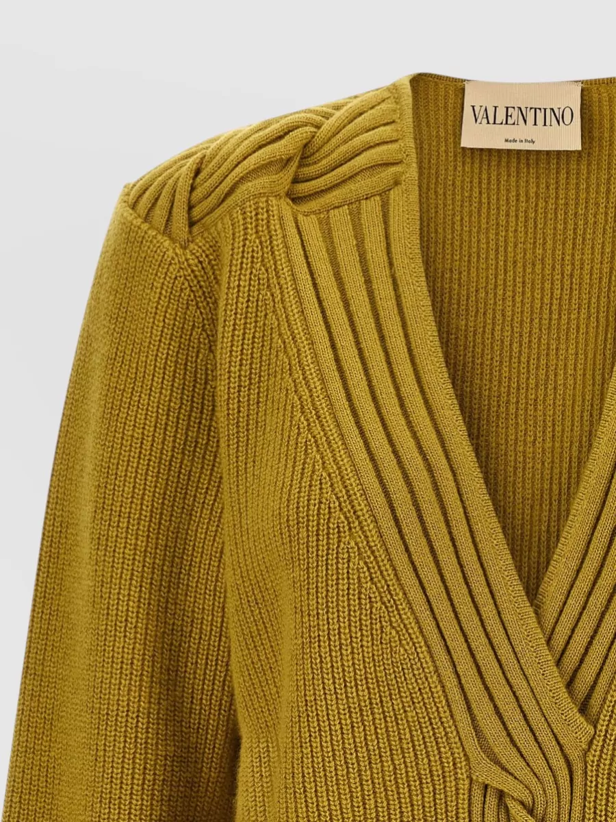 Valentino Garavani Virgin Wool Ribbed V-Neck Cable-Knit Sweater