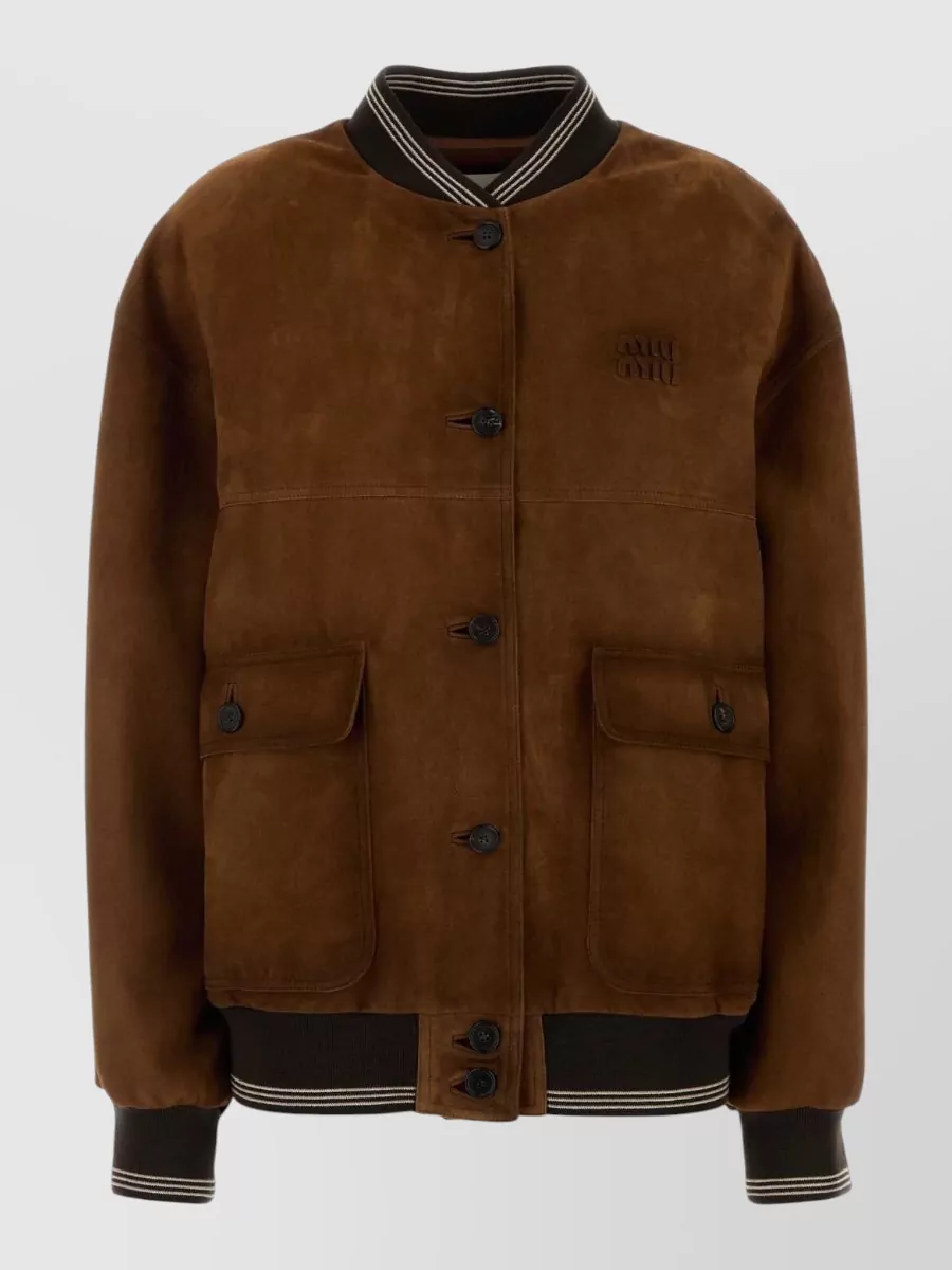 Miu Miu Suede Bomber Jacket Front Pockets Ribbed Cuffs Hem