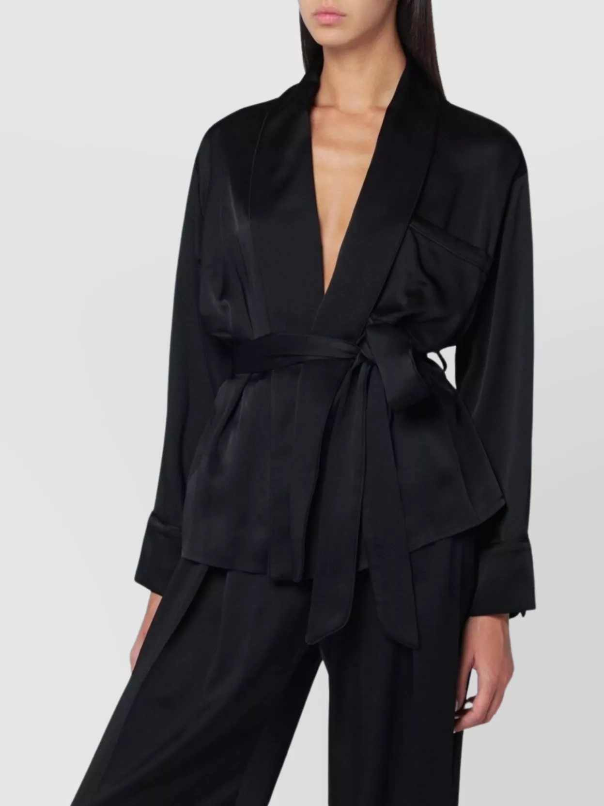 Victoria Beckham Satin Blouse With Belted Waist And Shawl Collar In Black