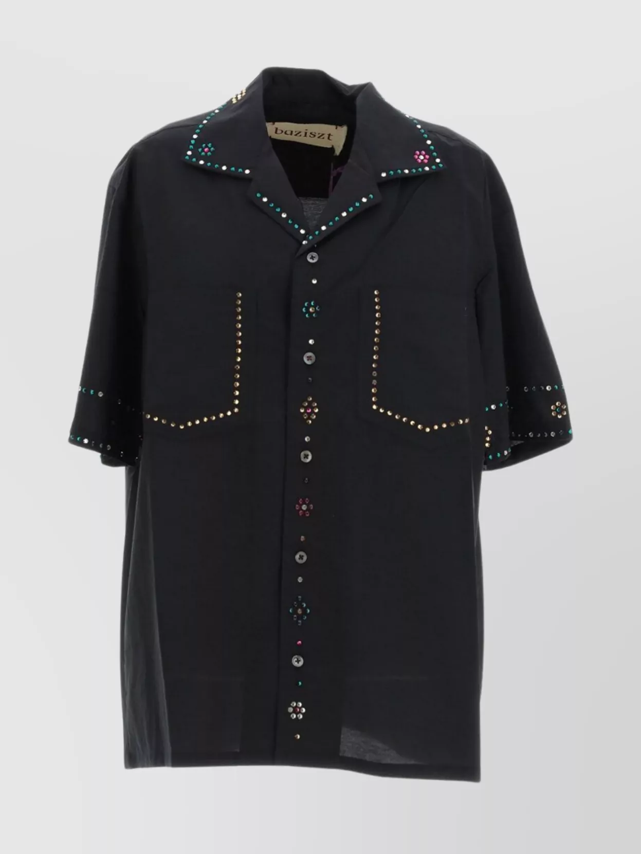 Baziszt Embellished Collar Cuffs Pockets Short Sleeves Shirt In Black