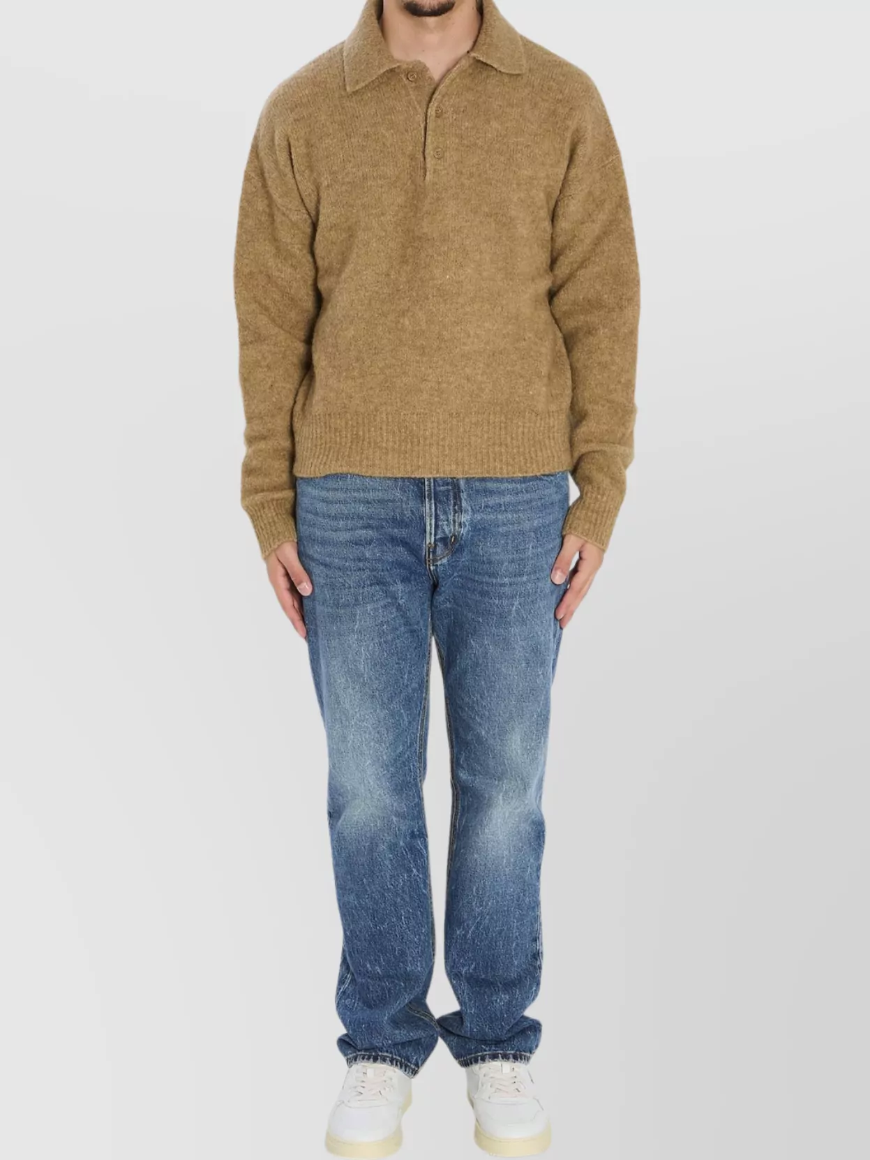 Ami Alexandre Mattiussi Alpaca And Wool Blend Long Sleeve Polo In Nude