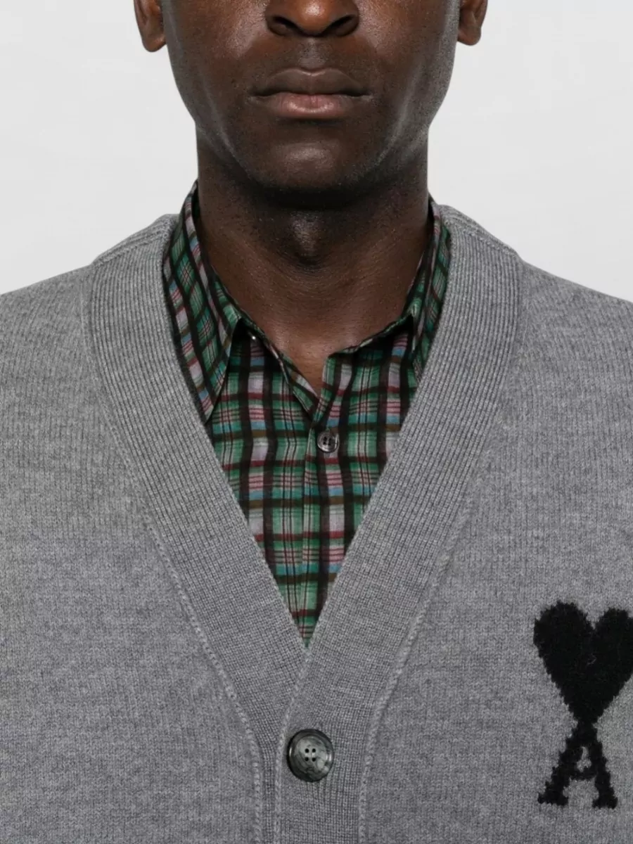 Ami Paris Wool V-Neck Ribbed Cardigan