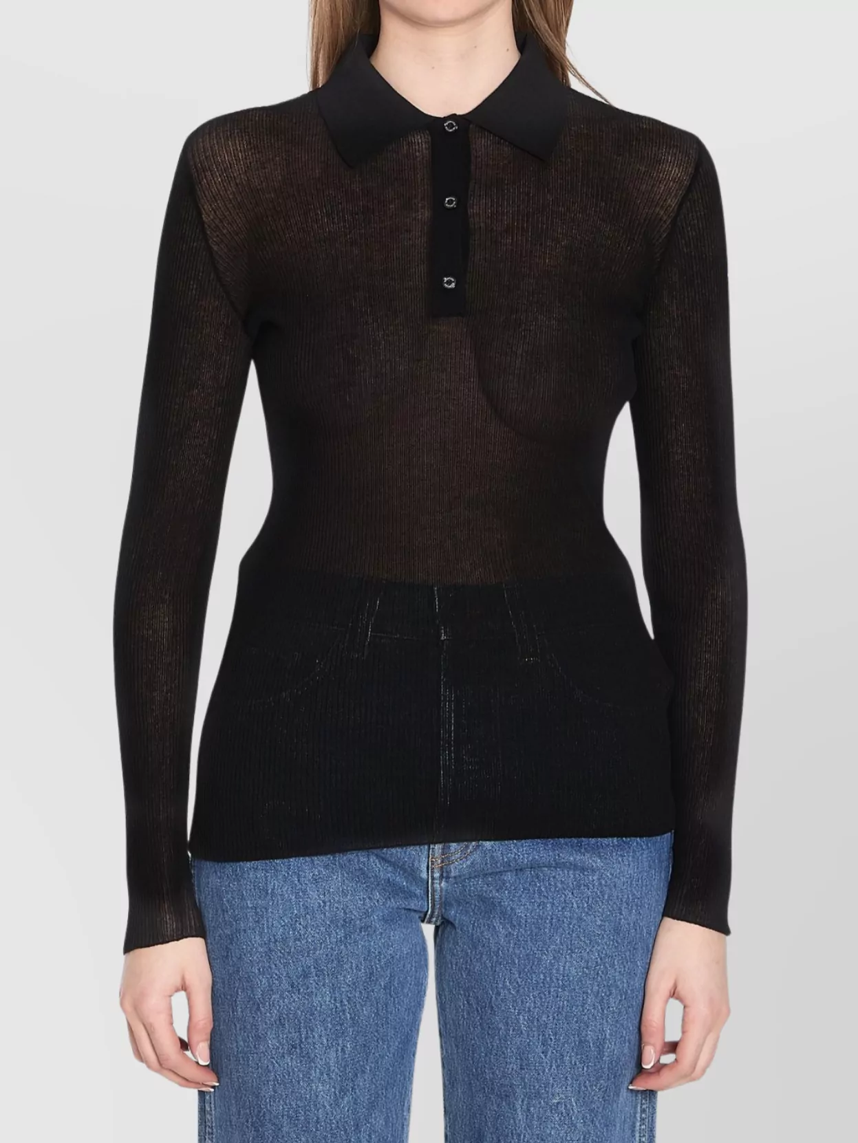 Moncler Sheer Ribbed Cotton Long-sleeve Polo In Black