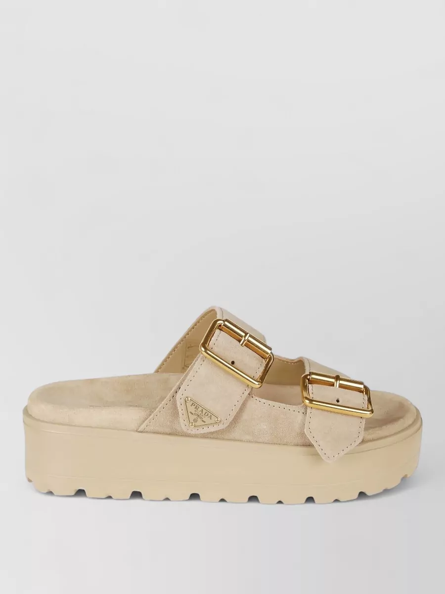 Prada Platform Sandals Open Toe Gold Tone Hardware
