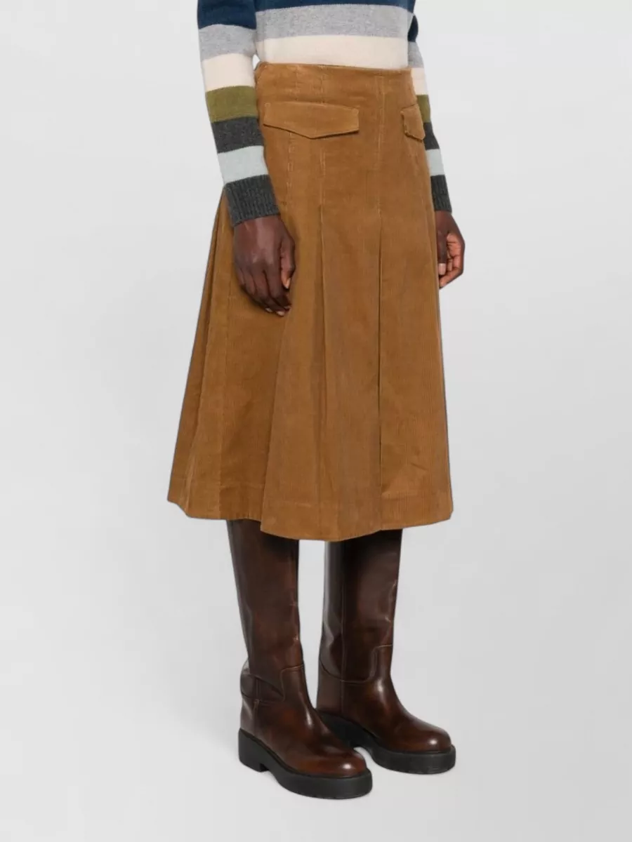 Tory Burch Cotton Corduroy Pleated A-Line Midi Skirt