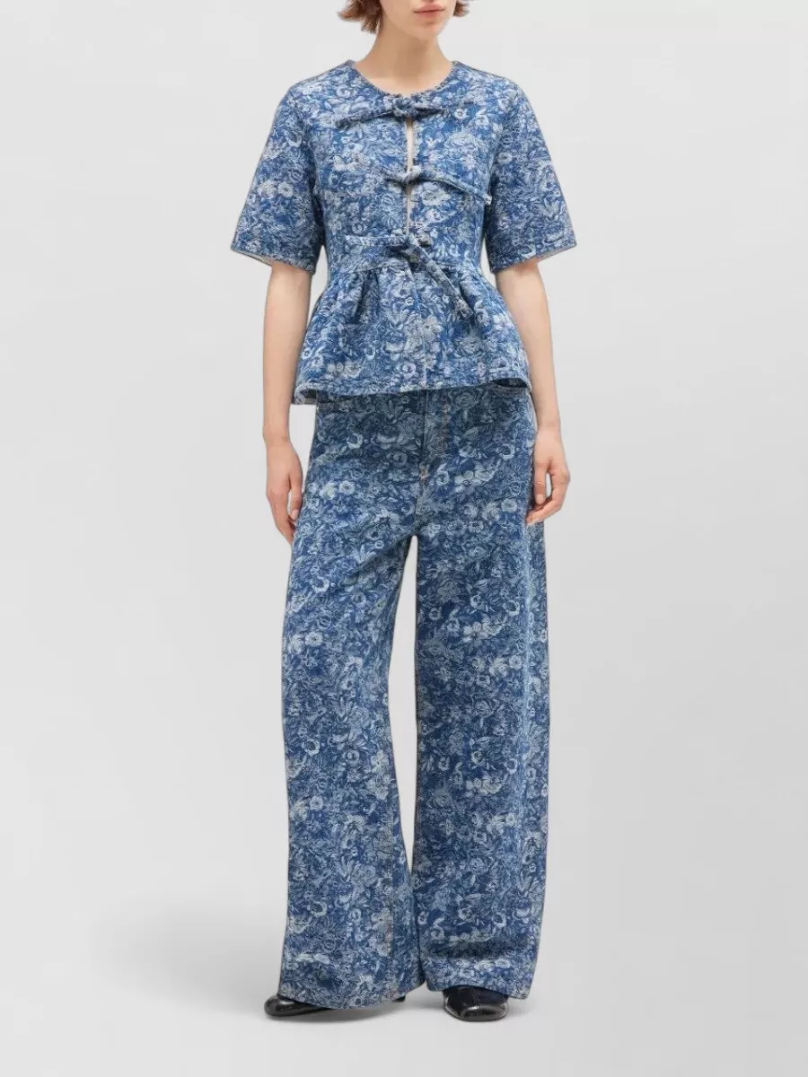 Ganni Floral Peplum Blouse Round Neck Short Sleeves