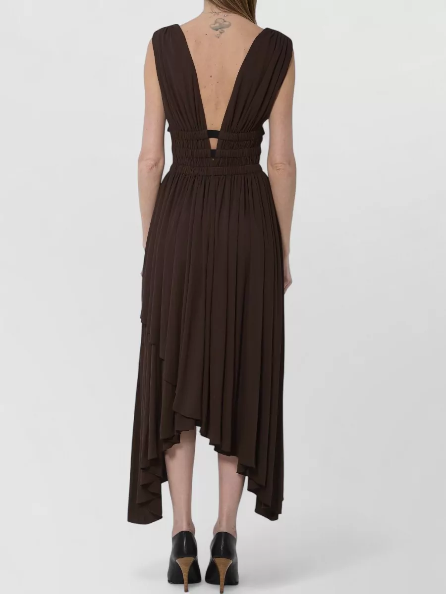 Alaïa Viscose Asymmetric Pleated V-Neck Midi Dress