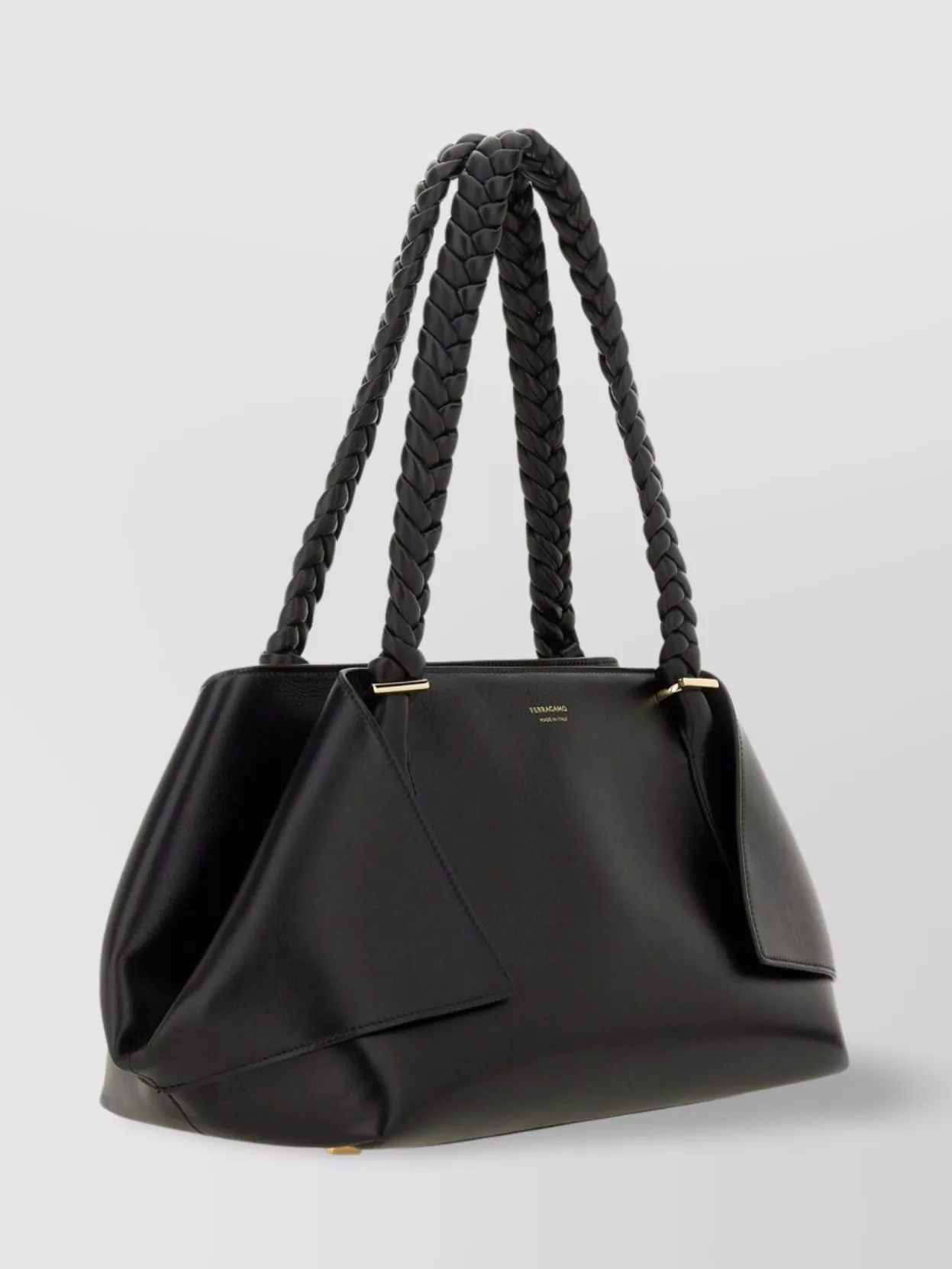 Ferragamo The Scarf Bag Black Shoulder Bag With Braided Handles And Folded Corners In Leather Woman