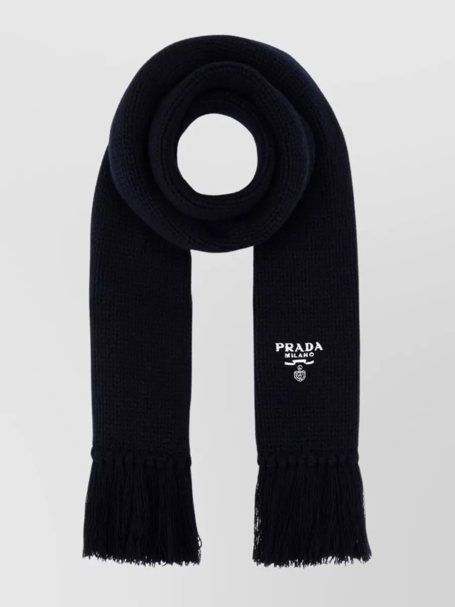 Shop Prada Cashmere Ribbed Knit Scarf With Fringed Edges In Black