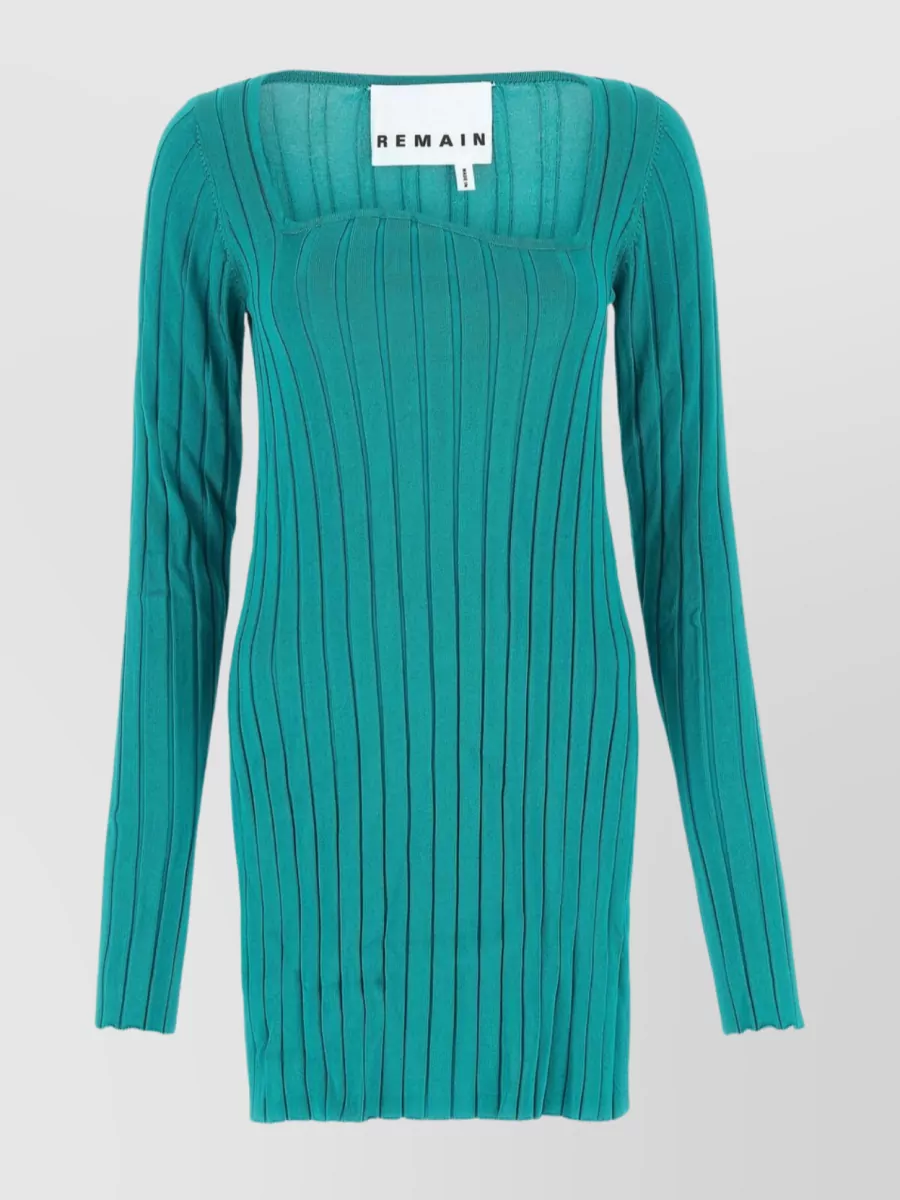 Shop Remain Shimmering Mini Dress With Unique Neckline In Cyan