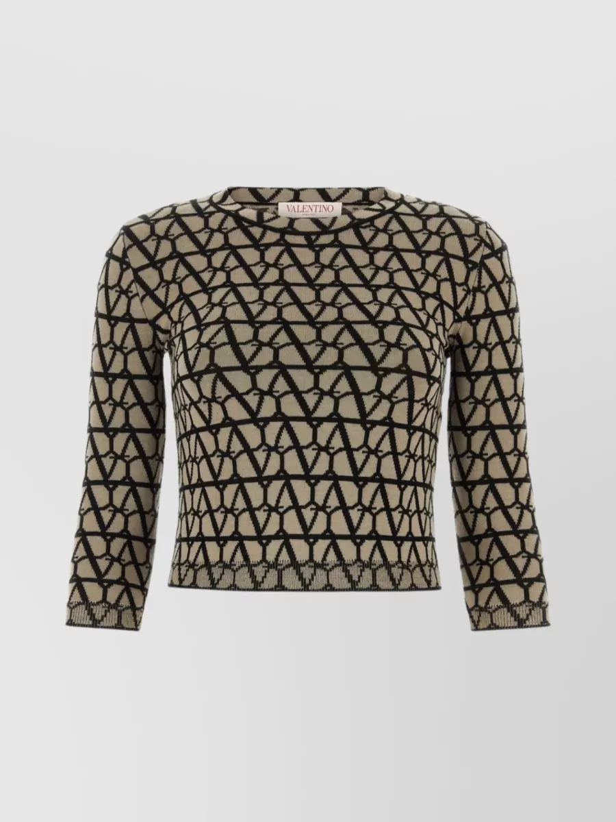 Shop Valentino Iconographe Knit Crew Sweater In Brown
