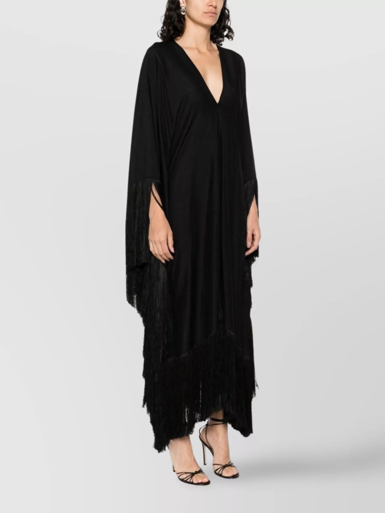 Taller Marmo Long Fringed Dress Plunging V-Neck
