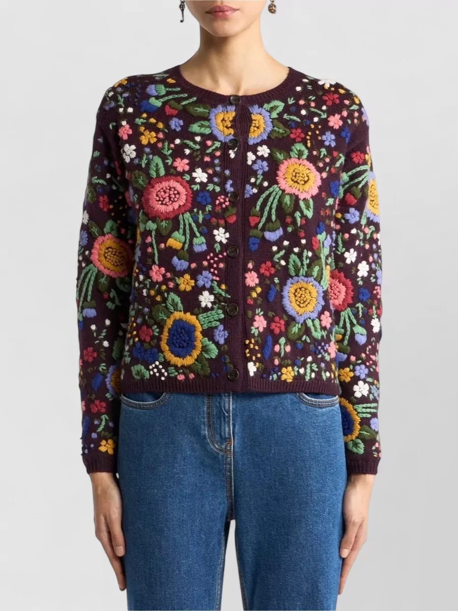 Etro Wool Floral-Embroidered Regular-Fit Crew-Neck Cardigan