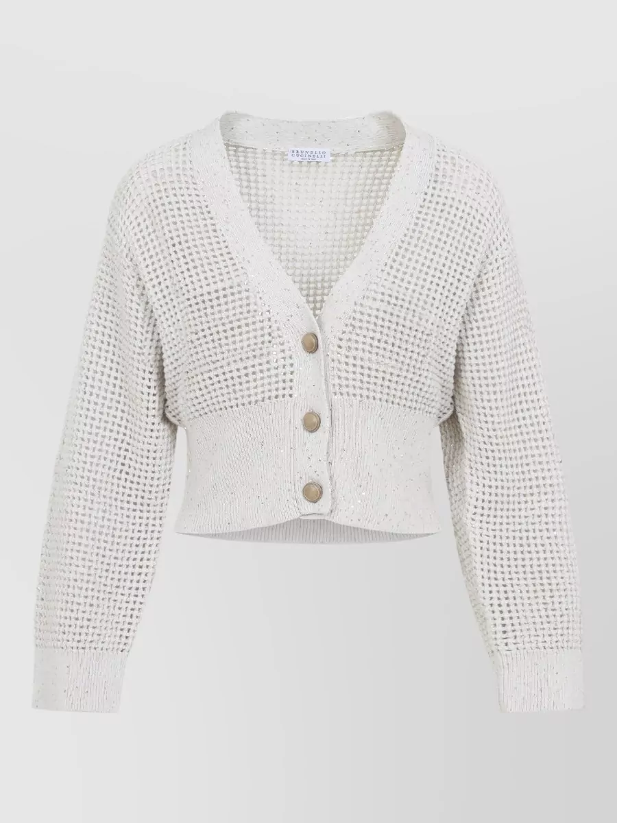 Brunello Cucinelli Crochet Cropped V-Neck Cardigan