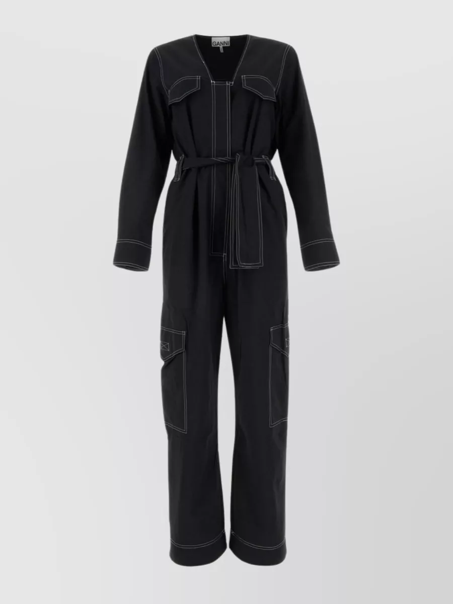 Shop Ganni Wide Leg Cotton Jumpsuit With Belted Waist In Black