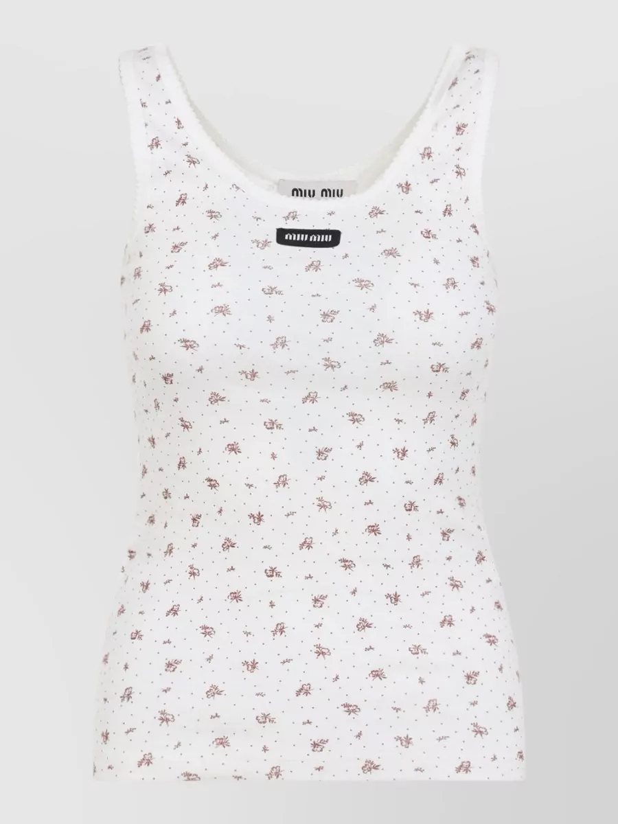 Miu Miu Floral Sleeveless Top Scoop Neckline In White