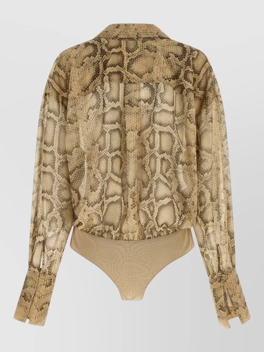 The Andamane Paloma Snake Print Collared Long Sleeve Bodysuit In Brown