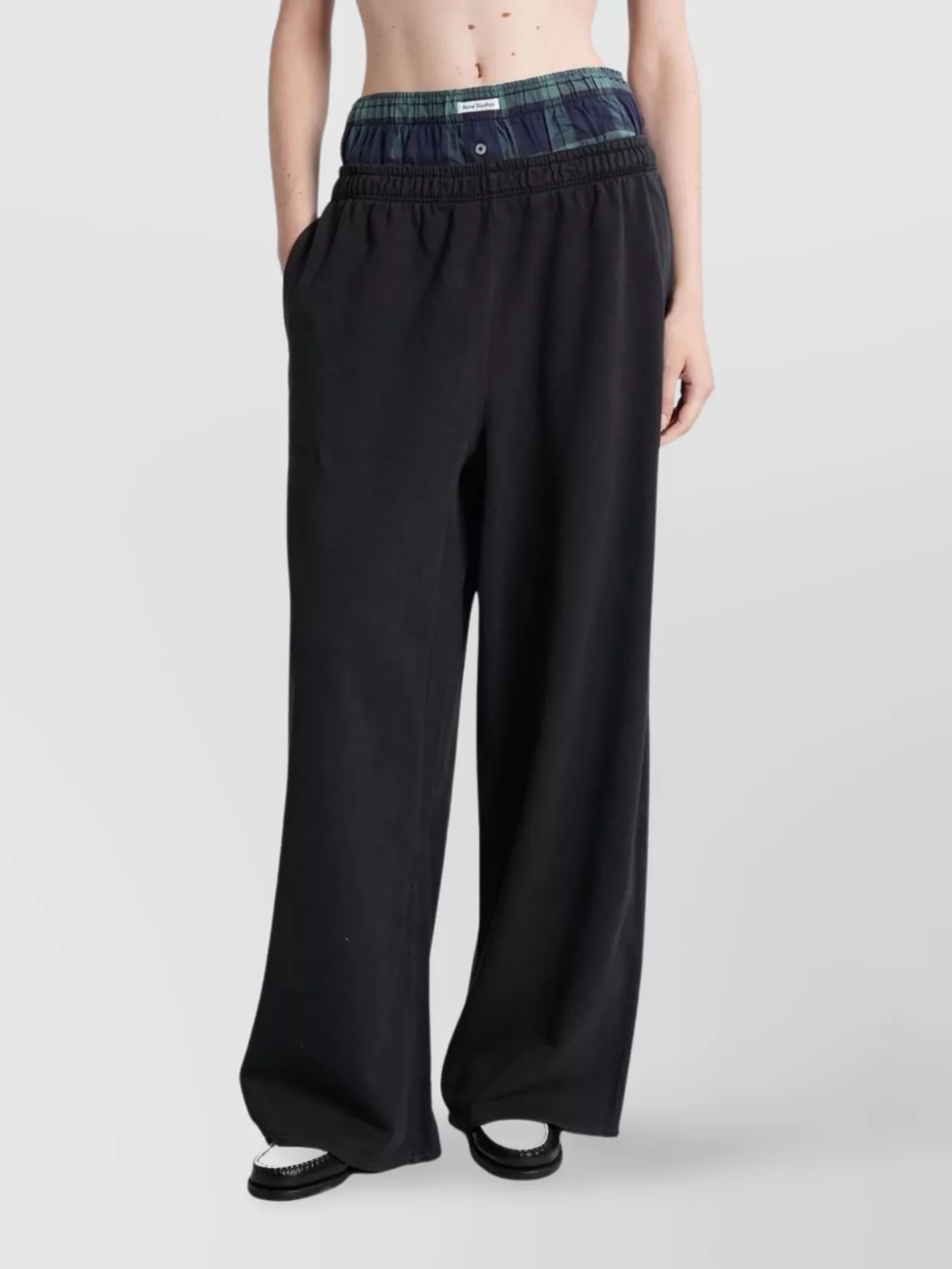 Acne Studios Straight Trousers With Elasticated Waistband And Plaid Panel In Black