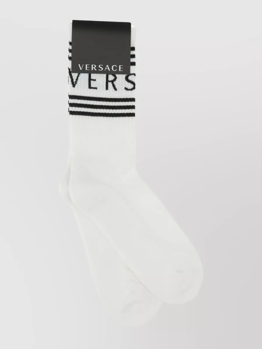 Shop Versace Cotton Blend Socks With Ribbed Leg And Striped Pattern In Brown