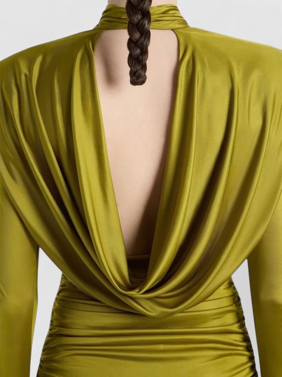 Balmain Draped High Neck Long Sleeve Mini Dress