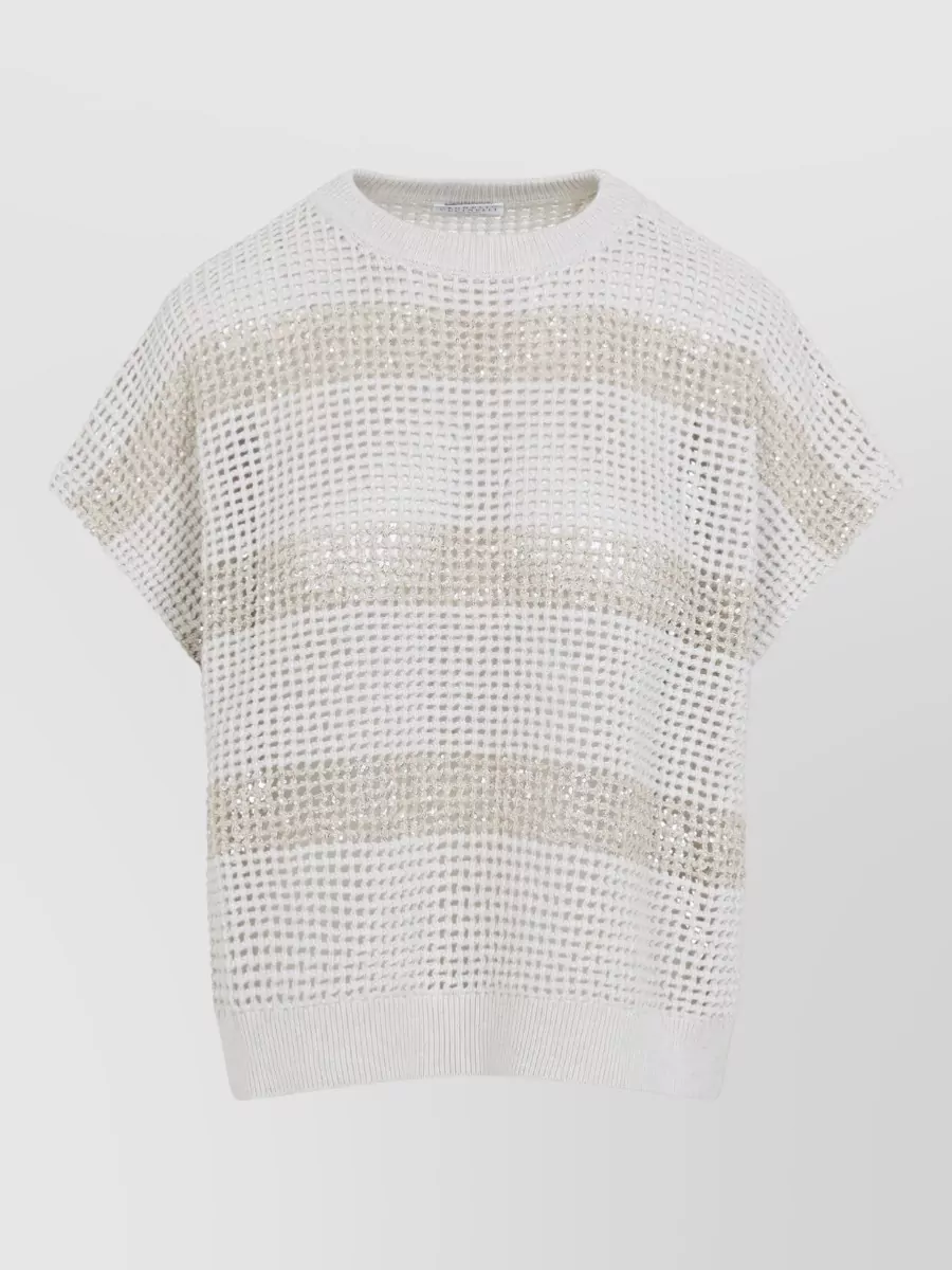 Brunello Cucinelli Striped Openwork Cotton Short-Sleeve Jumper