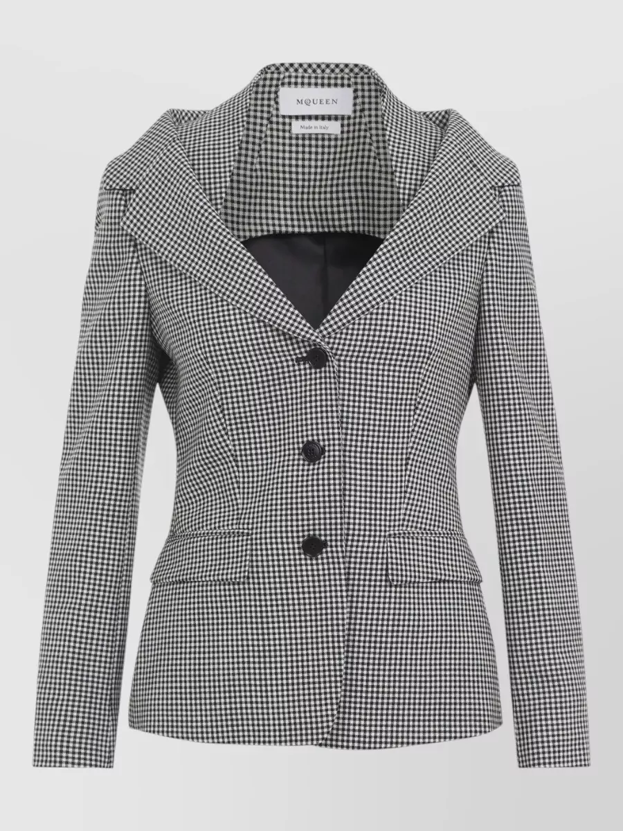 Alexander McQueen wool gingham check off-shoulder single-breasted suit jacket