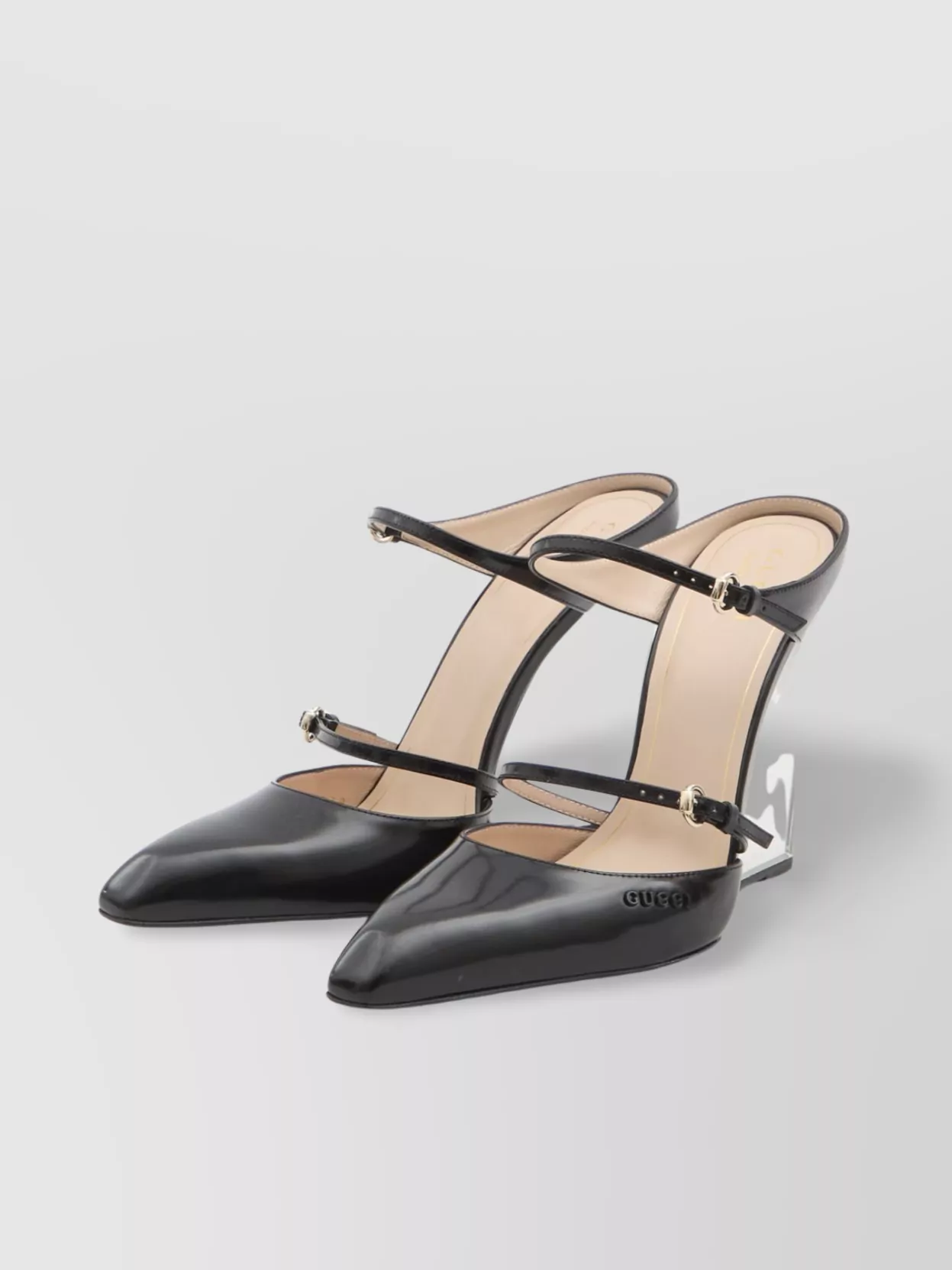 Gucci Glossy Leather Mules With Transparent Wedge Heel