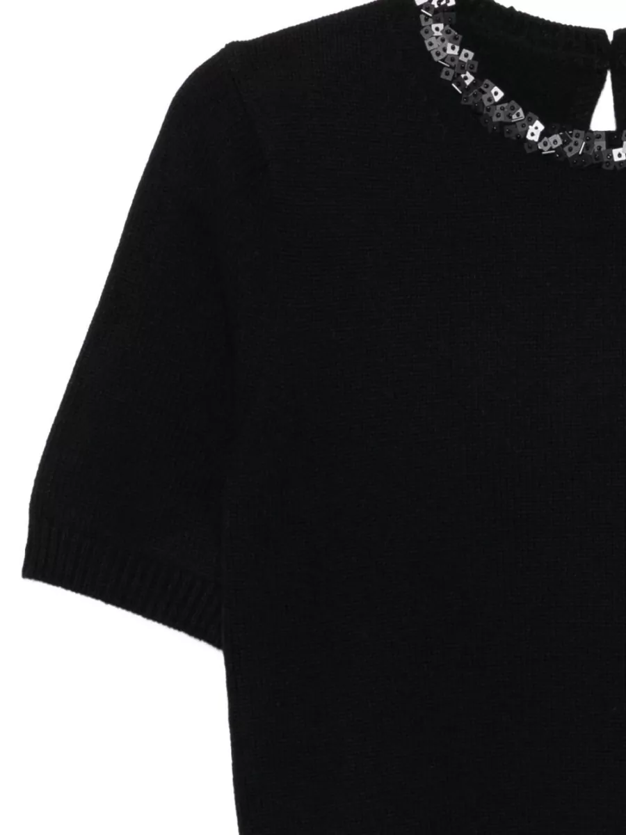 Semicouture Cashmere Wool Sequin-Embellished Short-Sleeve Crew-Neck Knitted Top
