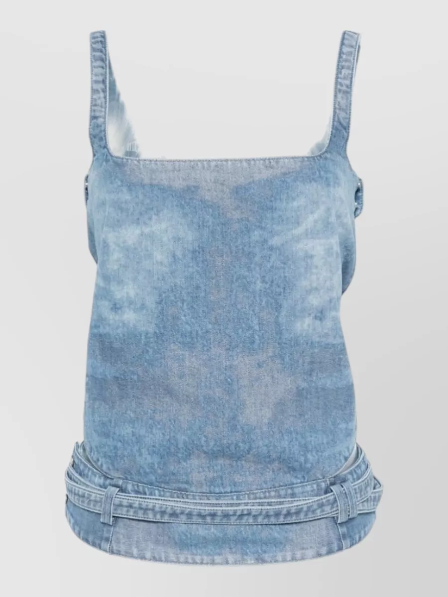 Diesel Denim square-neck open-back tank top — The slim white racerback tank keeps the low-rise cargo mini clean, sporty and leggy, echoing the source styling note while letting the khaki and hardware stay the focus.